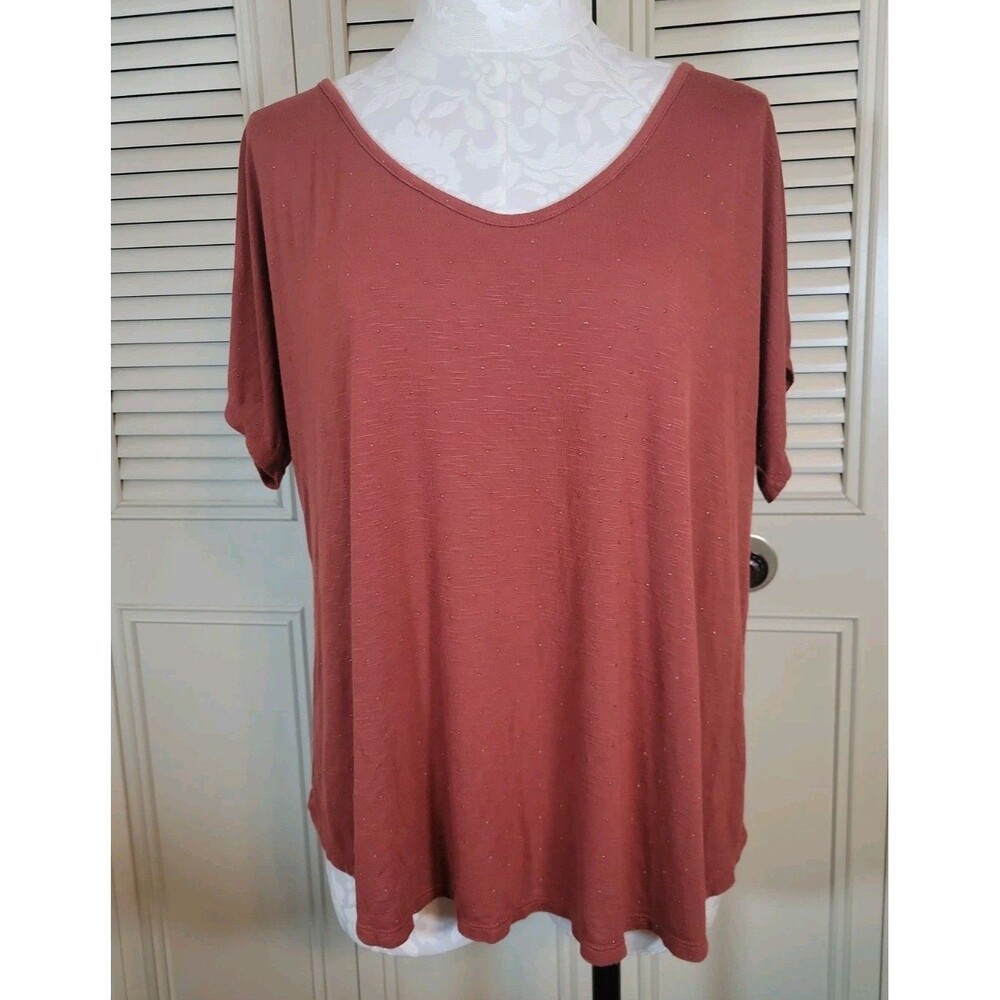EVRI Wmns Shirt Tee Short Sleeve Round Neck Rhinestone Stretch Size 0X